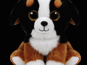 Ty plush default image. A plush dog sits on a white background. Patched brown, black and white fur. Large brown and black eyes, a style TY uses for beanie boos.