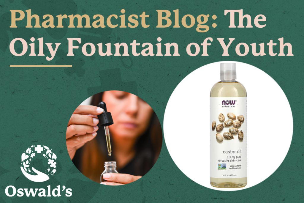 Pharmacist Blog: Oily Fountain of Youth? blog image. The blog title over two pictures of supplements.