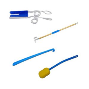 Nova Deluxe Hip Kit image. Sock aid, button puller, long shoehorn and long handle sponge shown on a white background.