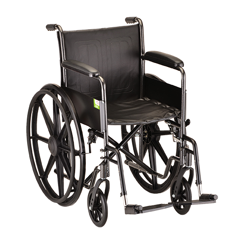 wheelchair rental default image. An example of a rental wheelchair from Oswald's. All black with silver detachable footrests.