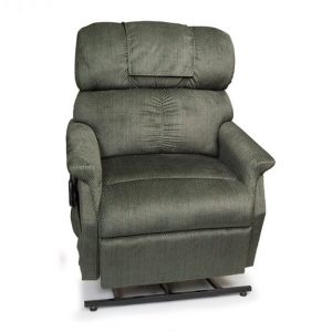 Golden Comforter Wide Lift Chair. Power Lift Recliner in it's raised position. The frame of the chair is on flat on the ground while the rest of the chair is lifted and at a 35 degree angle. In Golden Evergreen fabric.