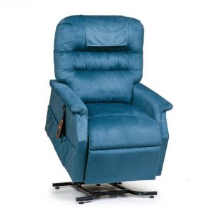 Golden Monarch Lift Chair. Power Lift Recliner in it's raised position. The frame of the chair is on flat on the ground while the rest of the chair is lifted and at a 35 degree angle. Golden Cornflower Fabric.