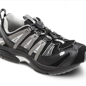 dr. comfort performance x diabetic shoes double depth athletic running. Black with stylized silver and white accents.