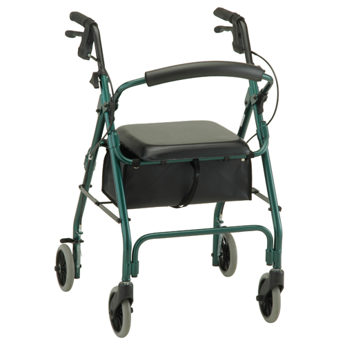 Nova GetGo Classic Rollator. Blue Frame with black accessories and black seat with a black basket underneath. Rubber wheels 5" size, grey in color.
