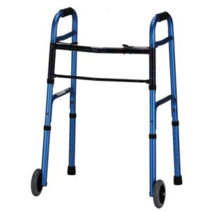 Nova traditional walker, blue aluminum frame with black accents. 5" wheels.