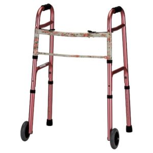 Nova Rose patterned traditional walker. Rose print on top, pink aluminum on bottom. 5" wheels.