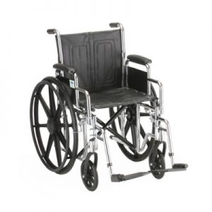 Nova standard wheelchair. Black padding, seating and wheels on a silver steel frame. 16" seat size, standard leg rests.