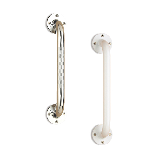 Bathroom safety grab bars screw in safety no slip. A chrome grab bar and ivory grab bar are shown side by side.
