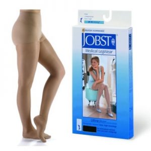 Jobst Ultrasheer Pantyhose compression hosiery. A leg model wearing beige panty-high stockings next to the Jobst Ultrasheer box.