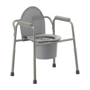 Nova 3 in 1 commode, grey plastic and grey aluminum. A plastic toilet seat are centered over a bucket.