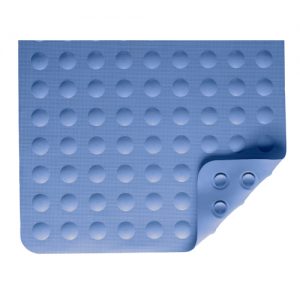 Nova bath mat. A blue rubber mat with suction cups on the bottom and bubble grip grooves on the other.