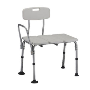 Nova Deluxe Transfer bench. white plastic seat and back on an aluminum frame.