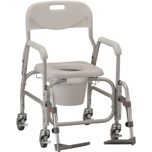 Nova deluxe shower chair commode. Grey plastic seat, back and bucket on top of a grey aluminum frame. Locking caster wheels and adjustable foot rests.