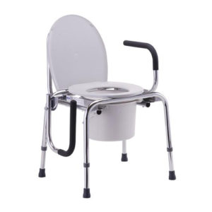 Nova drop arm commode. White plastic seat back and bucket. Aluminum frame with padded black drop arms.
