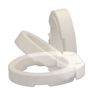 Nova toilet seat riser. 3" height, shown in motion--the seat can be lifted like a regular toilet seat.