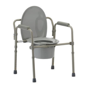 Nova folding commode. grey plastic and grey aluminum. A plastic toilet seat are centered over a bucket. Joints allow for folding the commode in half.