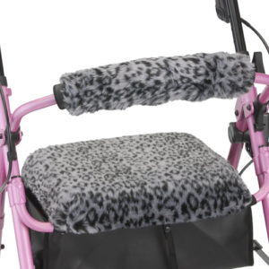 Nova seat and back cover rollator accessories. The picture is a snow leopard pattern displayed on a Nova rollator.