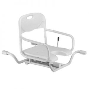 Nova swivel bath seat, white plastic seat and back, silver aluminum frame. Lever allows the seat to turn at 90 degree angles.