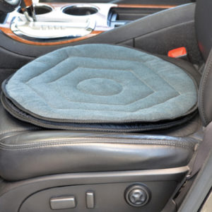 Nova swivel seat car cushion. A grey cushion with a black frictionless bottom that allows for easy turning to get in and out of cars.