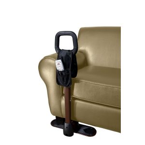 Stander Couch Cane. A black loop on top of a bronze support. The stand assist device is underneath a couch, showing where it can be used.