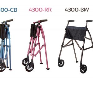 Stander Fold-N-Go Walker. 3 pictures of the Standard Fold-N-Go walker in 3 positions and 3 colors. Left to right: A blue version in the folded position, a rose model in a half-folded position, last a walnut colored model in the open position.