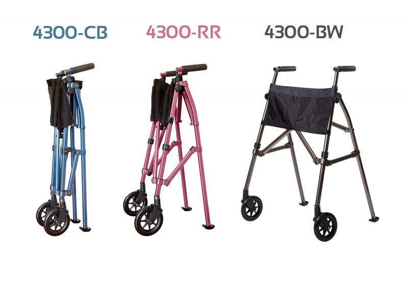 Stander Fold-N-Go Walker. 3 pictures of the Standard Fold-N-Go walker in 3 positions and 3 colors. Left to right: A blue version in the folded position, a rose model in a half-folded position, last a walnut colored model in the open position.