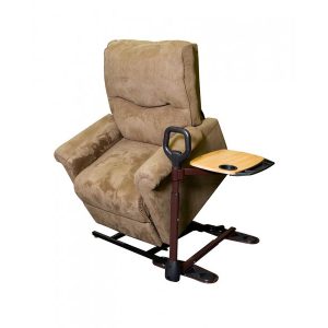Stander Stand Assist Tray. A bronze and black stand assist, with a black plastic hand loop and a wooden table on top. Shown installed under a power lift recliner in the lift position.