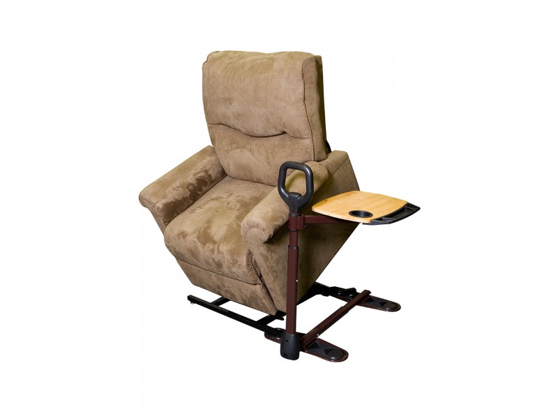 Stander Stand Assist Tray. A bronze and black stand assist, with a black plastic hand loop and a wooden table on top. Shown installed under a power lift recliner in the lift position.