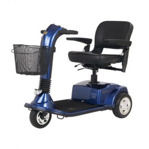 Golden Companion 3 Wheel mobility scooter. Blue frame with a black seat and front basket.