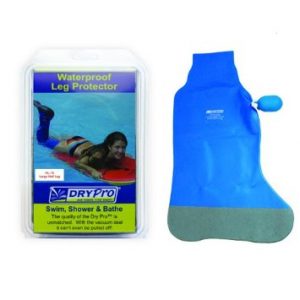 dry pro half leg cast cover. Blue cover next to the retail packaging.