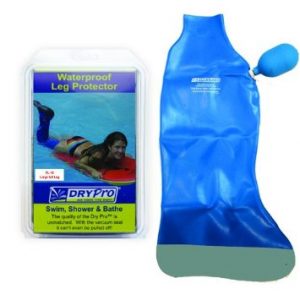 dry pro half full arm leg cast cover. Blue cover next to the retail packaging.
