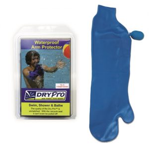 DRYPro Waterproof Full Arm Cast Cover. Blue cover next to the retail packaging.