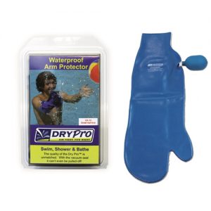 DRYPro Waterproof Half Arm Cast Cover. Blue cover next to the retail packaging.