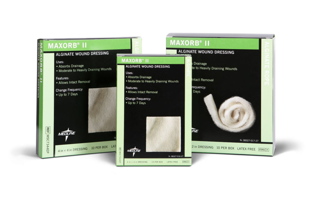 Maxorb Bandage Wound Care Advanced Wound Care. 3 boxes shown in bandage and roll styles. Products available in singles or boxes.
