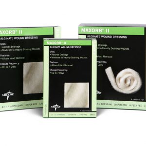 Maxorb Bandage Wound Care Advanced Wound Care. 3 boxes shown in bandage and roll styles. Products available in singles or boxes.