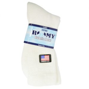 Roomy Socks Diabetic Sock package. A pair of white, diabetic friendly socks.