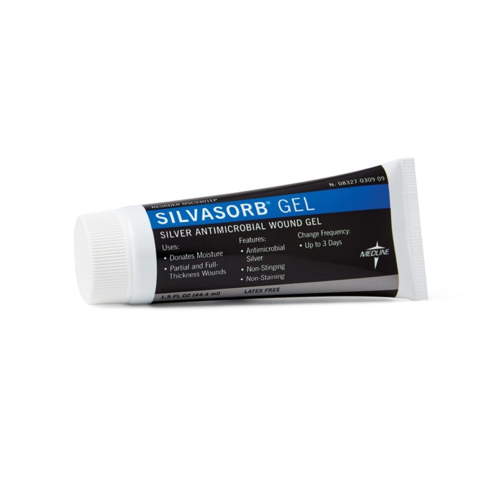 SilvaSorb Antimicrobial Wound Gel. A black tube with blue and white details. 1.5oz.