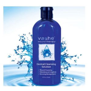 Vashe Wound Solution Advanced Wound Care. Blue bottle on a splashing water background. 8.5 oz.