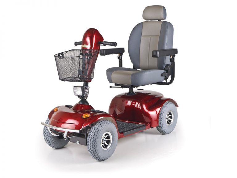 Golden Avenger Mobility Scooter in red with grey wheels and a grey seat. The seat is a captains chair. Heavy duty weight capacity. 4-wheeled model.