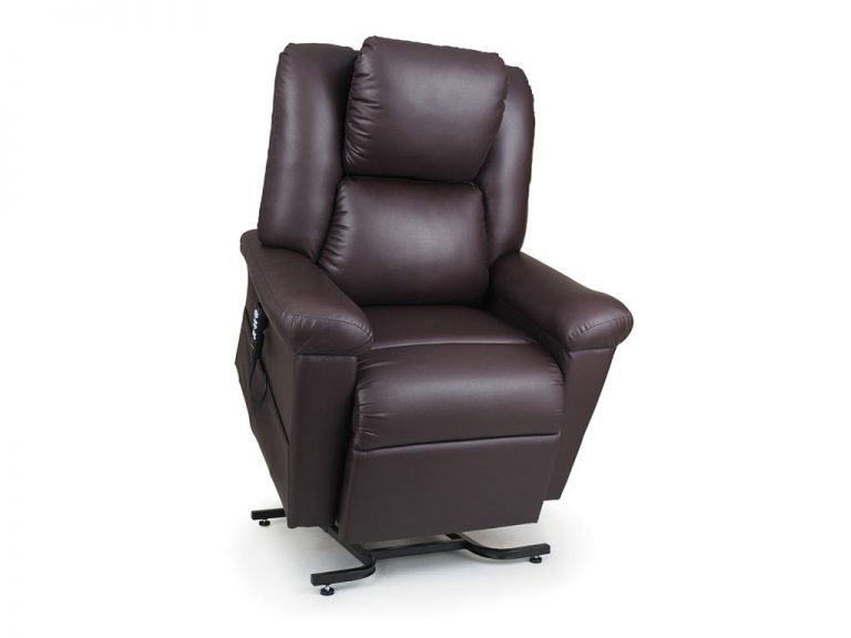 Golden Daydreamer Lift Chair. Power Lift Recliner in it's raised position. The frame of the chair is on flat on the ground while the rest of the chair is lifted and at a 35 degree angle. The headrest is articulating, set in the photo at a 15 degree angle. The fabric is Golden's Black Onyx Brisa.