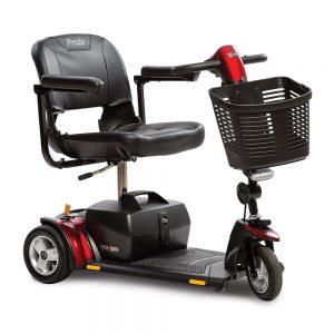 pride go-go elite traveller plus mobility scooter. 3-wheel model. Black with red accents.
