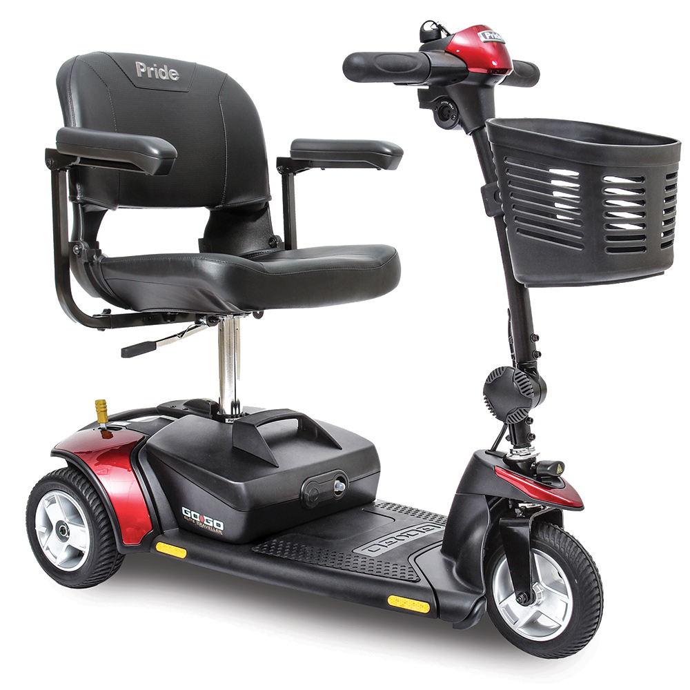 pride go-go elite traveller mobility scooter. 3-wheel model. Black with red accents.
