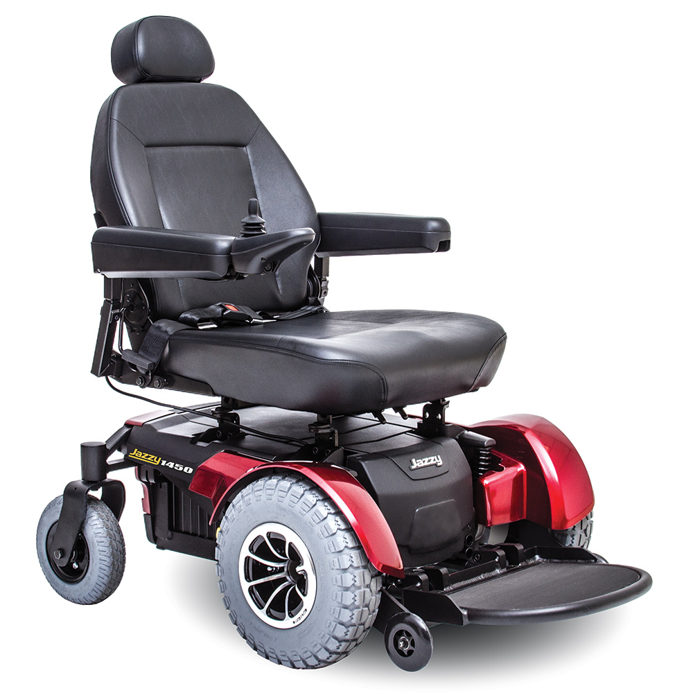 pride jazzy 1450 hd heavy duty power chair. Black on black with a few red accents. 4-wheel,s one hand control on right armrest.