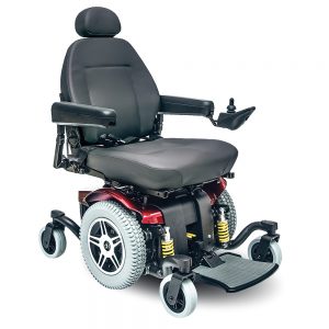Pride Jazzy 614 hd power chair. Black on black with a few red accents. 4-wheel,s one hand control on right armrest.