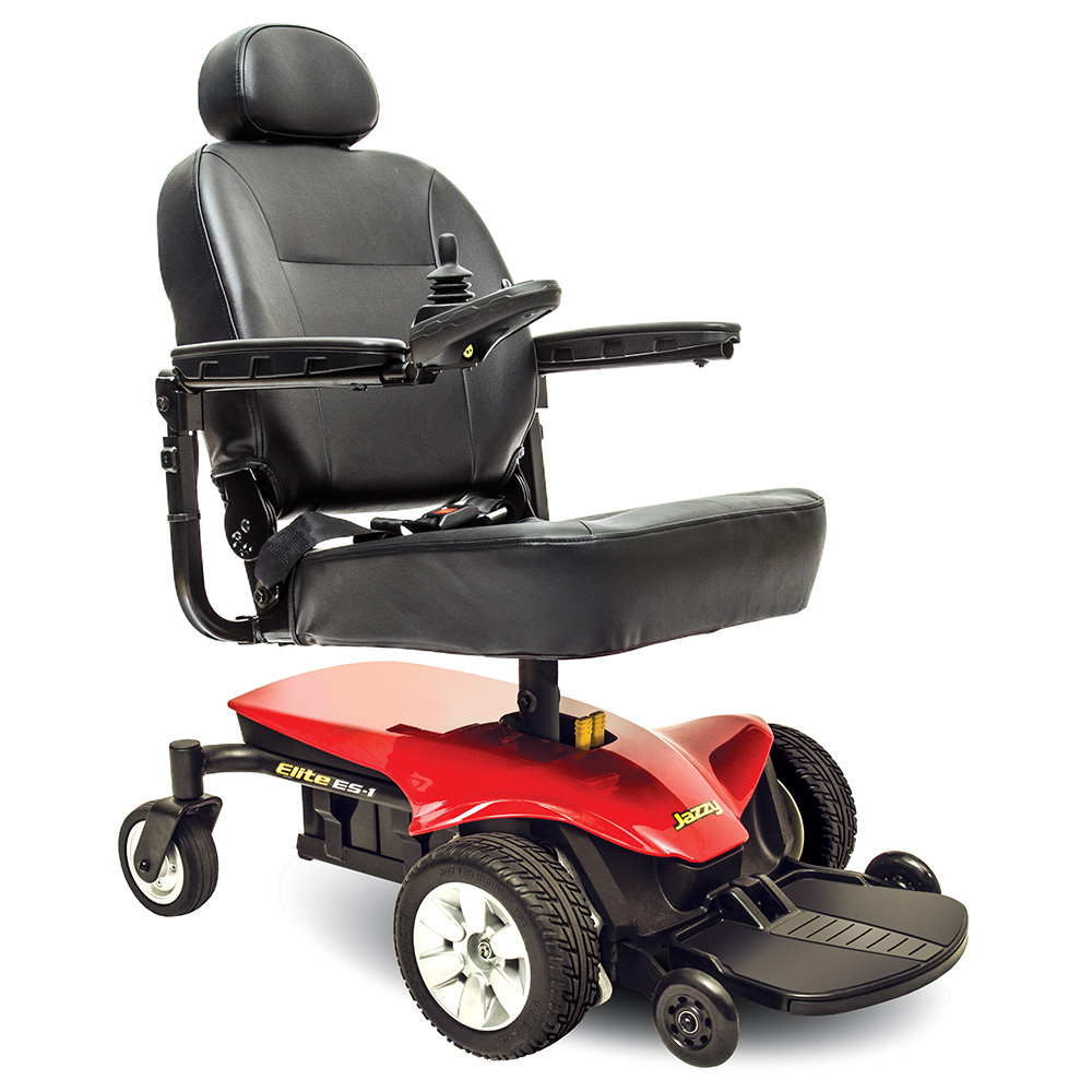 pride jazzy elite es-1 power chair. Black on black with a few red accents. 4-wheel,s one hand control on right armrest.