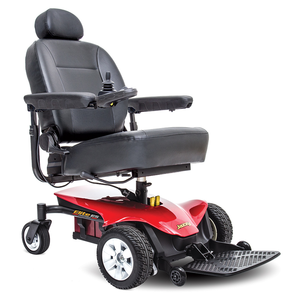 jazzy elite portable power chair. Black on black with a few red accents. 4-wheel,s one hand control on right armrest.