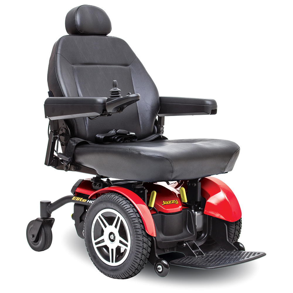 Pride Jazzy Elite HD power wheelchair. Black on black with a few red accents. 4-wheel,s one hand control on right armrest.