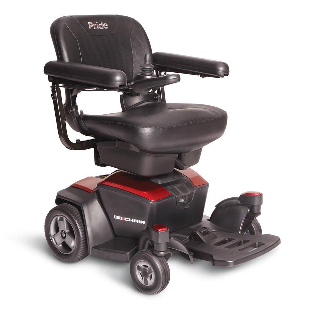 pride jazzy go chair power chair. Black on black with a few red accents. 4-wheel,s one hand control on right armrest.