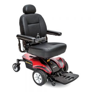 pride jazzy sport 2 power chair full size model. Black on black with a few red accents. 4-wheel,s one hand control on right armrest.