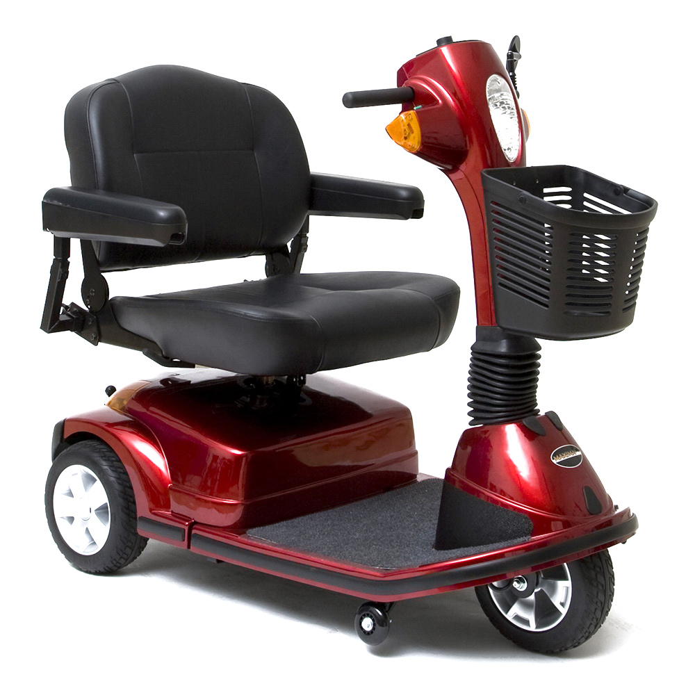 pride maxima 3 wheel mobility scooter heavy duty version. 3-wheel model. Black with red accents.
